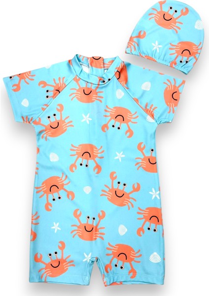 Çocuk Kısa Kol Hassas Ten Güneş Koruma Sevimli Yengeç Karakter Tema Mayo Bone Takım indirimleri