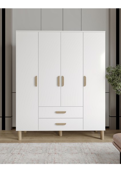 Güneş 4 Kapaklı 2 Çekmeceli Tamamı Mdf Gardrop Beyaz