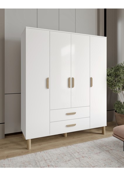 Güneş 4 Kapaklı 2 Çekmeceli Tamamı Mdf Gardrop Beyaz