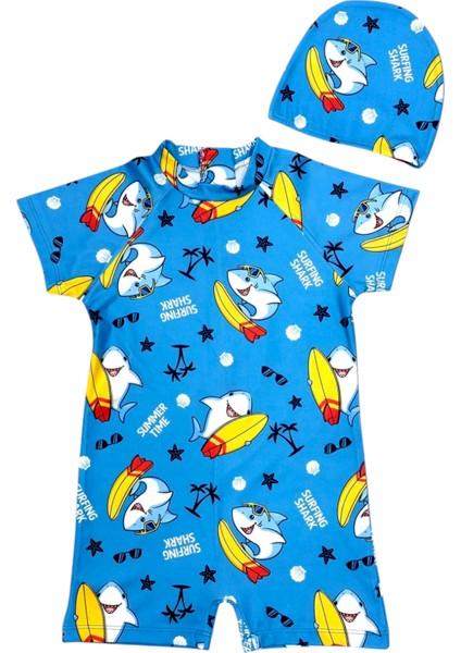 Çocuk Kısa Kol Hassas Ten Güneş Koruma Surfer Shark Tema Mayo Bone Takım