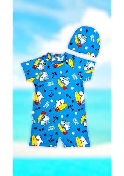 Çocuk Kısa Kol Hassas Ten Güneş Koruma Surfer Shark Tema Mayo Bone Takım fiyatları