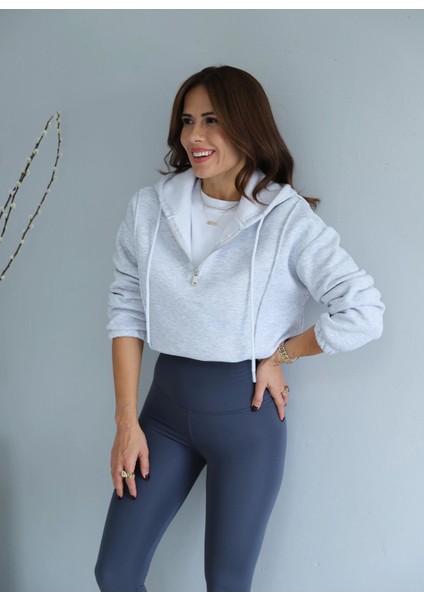 Gri Yaka Fermuar Detay Şardonlu Sweat
