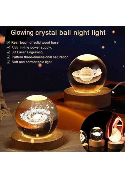 Toz Bulutu & Satürn Gezegeni 2'li Set Kristal Cam Kar Küresi – Usb’li Doğal Ahşap Tabanlı 3D Özel Lazer Işleme LED Dekoratif Lamba, Sürpriz Şık Zarif Top Biblo Konsept Hediyelik Eşya