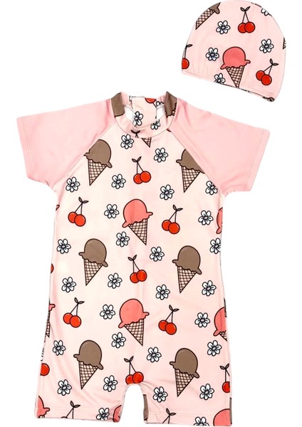 Kız Çocuk Gizli Sırt Fermuarlı Deniz Kızı Dondurma Vişne Kornet Baskı Desenli Dalgıç Kumaş Boneli Hipster Mayo Takımı