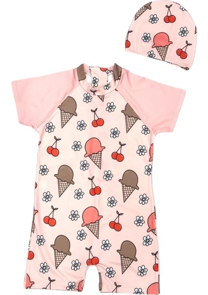 Kız Çocuk Gizli Sırt Fermuarlı Deniz Kızı Dondurma Vişne Kornet Baskı Desenli Dalgıç Kumaş Boneli Hipster Mayo Takımı fiyatları
