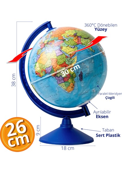 Gürbüz 47304 Işıksız Siyasi Dünya Küresi 26 cm