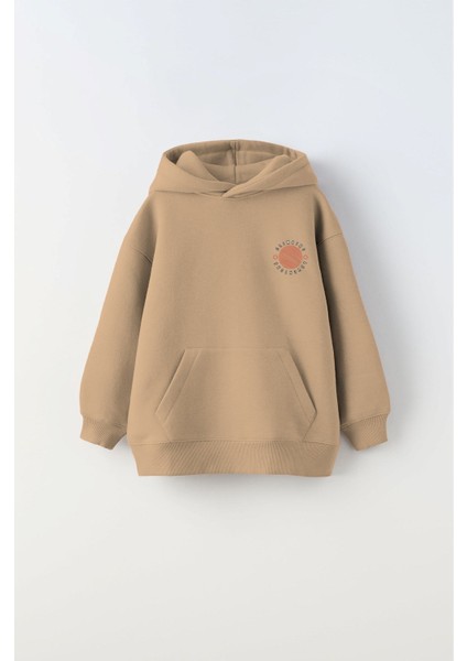 Bej Kapüşonlu Içi Polar Climbing Adventure Baskılı Unisex Çocuk Hoodie Sweatshirt