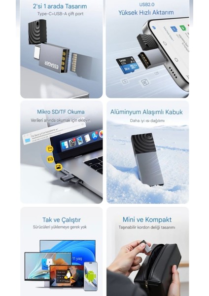 2'si 1 Arada Kart Okuyucu Type-C ve Usb Çift Protokol Ce Lisanslı Mikro Sd/Tf Hafıza Kartı kart okuyucu Telefon Dizüstü Bilgisayar Laptop Tak Çalıştır yüksek Hızlı Kart Okuyucu fiyatları