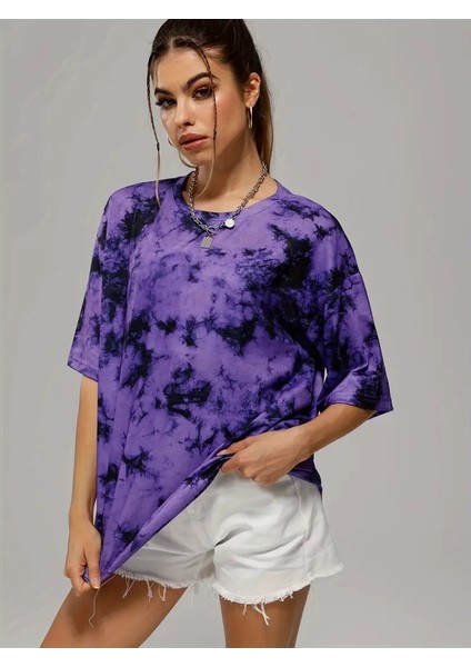 Unisex Oversize Batik Yıkamalı Mor Tişört