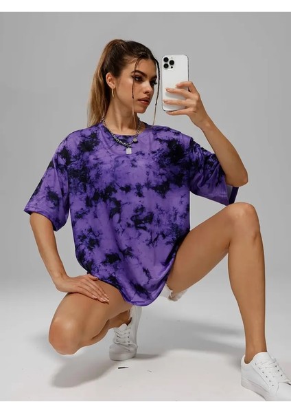Unisex Oversize Batik Yıkamalı Mor Tişört