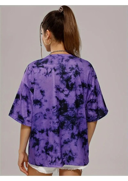 Unisex Oversize Batik Yıkamalı Mor Tişört