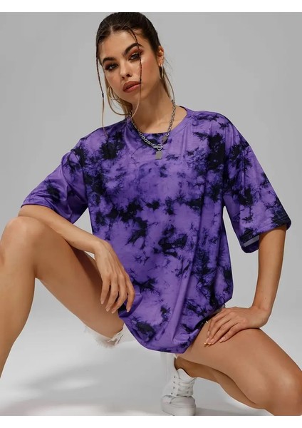 Unisex Oversize Batik Yıkamalı Mor Tişört