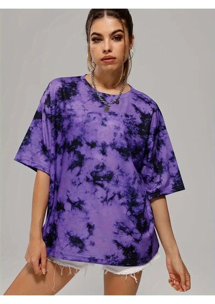 Unisex Oversize Batik Yıkamalı Mor Tişört