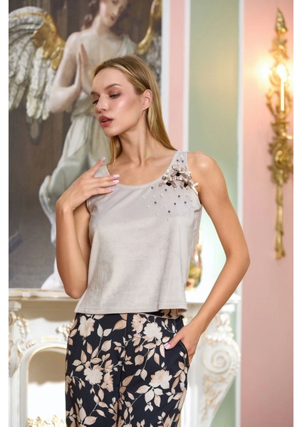 Aqua 25197 Saten Desenli Sabahlıklı 3'lü Pijama Takımı