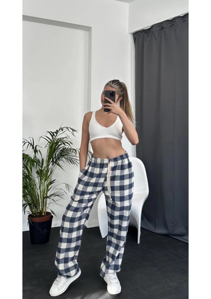 Unisex Oversize Ekose Desen Basic Baggy Eşofman Altı
