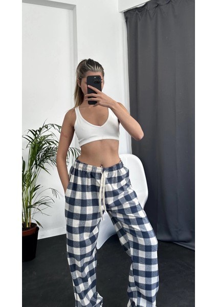 Unisex Oversize Ekose Desen Basic Baggy Eşofman Altı