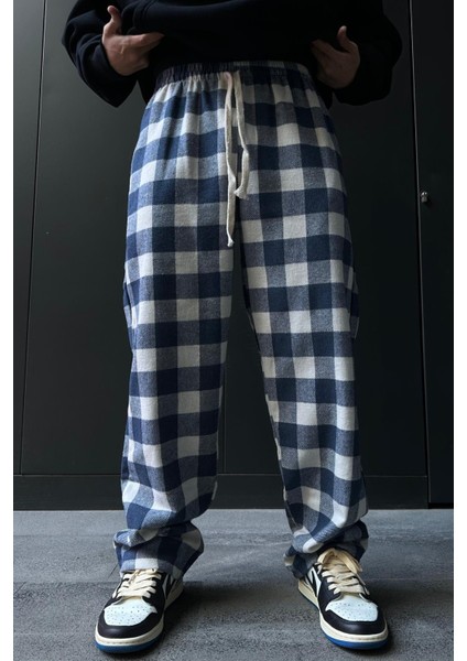 Unisex Oversize Ekose Desen Basic Baggy Eşofman Altı