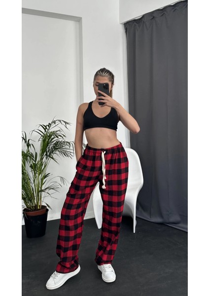 Unisex Oversize Ekose Desen Basic Baggy Eşofman Altı