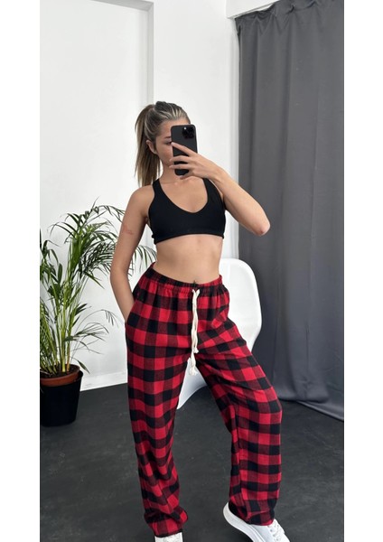 Unisex Oversize Ekose Desen Basic Baggy Eşofman Altı