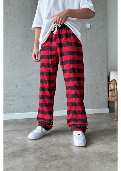 Unisex Oversize Ekose Desen Basic Baggy Eşofman Altı