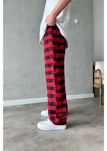 Unisex Oversize Ekose Desen Basic Baggy Eşofman Altı