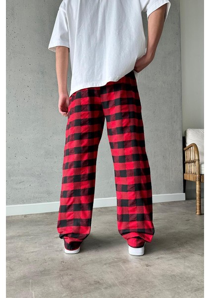 Unisex Oversize Ekose Desen Basic Baggy Eşofman Altı