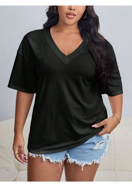 Kadın / Kız V Yaka Düz & Baskılı Siyah / Beyaz Oversize T-Shirt Salaş Boyfirend
