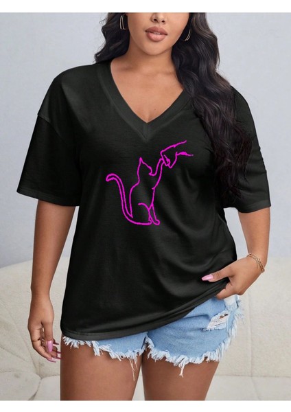 Kadın / Kız V Yaka Düz & Baskılı Siyah / Beyaz Oversize T-Shirt Salaş Boyfirend