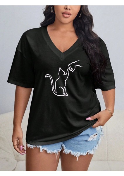 Kadın / Kız V Yaka Düz & Baskılı Siyah / Beyaz Oversize T-Shirt Salaş Boyfirend