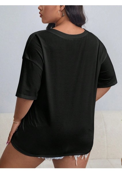 Kadın / Kız V Yaka Düz & Baskılı Siyah / Beyaz Oversize T-Shirt Salaş Boyfirend
