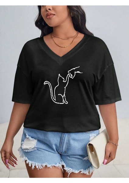 Kadın / Kız V Yaka Düz & Baskılı Siyah / Beyaz Oversize T-Shirt Salaş Boyfirend