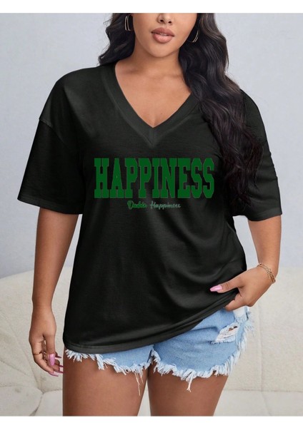Kadın / Kız V Yaka Düz & Baskılı Siyah / Beyaz Oversize T-Shirt Salaş Boyfirend