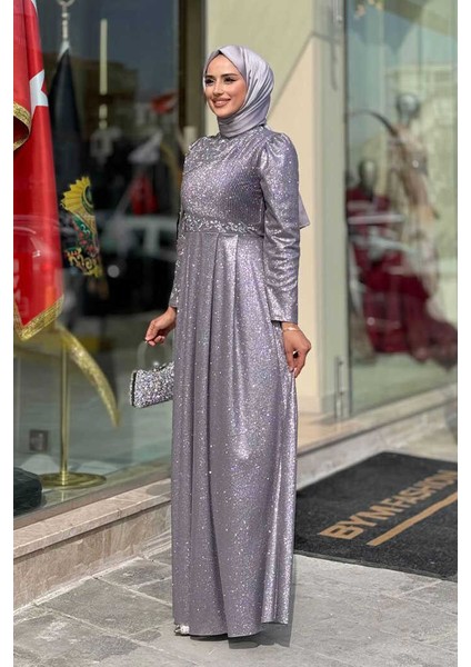 Simli Taş Detaylı Abiye 3934 Gri modelleri