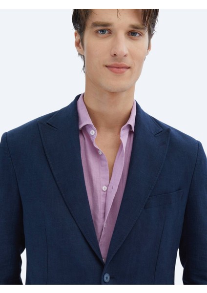Lacivert Düz Modern Fit %100 Keten Takım Elbise fırsatları