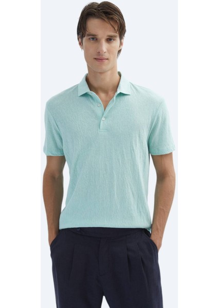 Su Yeşili Düz Polo Yaka Pamuk Karışımlı T-Shirt