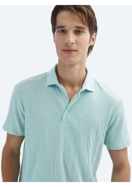 Su Yeşili Düz Polo Yaka Pamuk Karışımlı T-Shirt