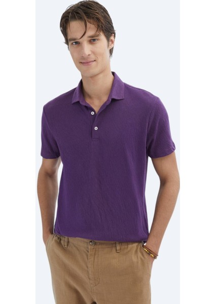 Mor Düz Polo Yaka Pamuk Karışımlı T-Shirt