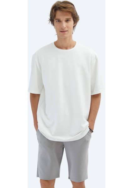 Ekru Düz Bisiklet Yaka T-Shirt