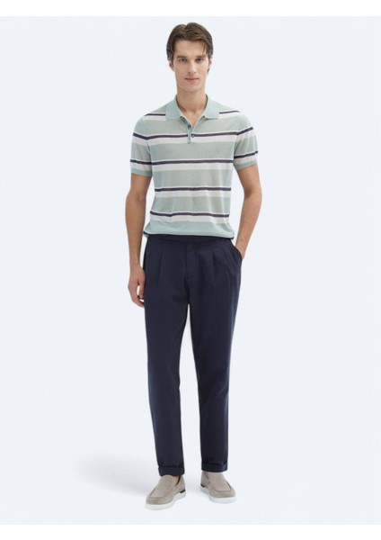 Lacivert Dokuma Carrot Fit Casual Pamuk Karışımlı Pantolon