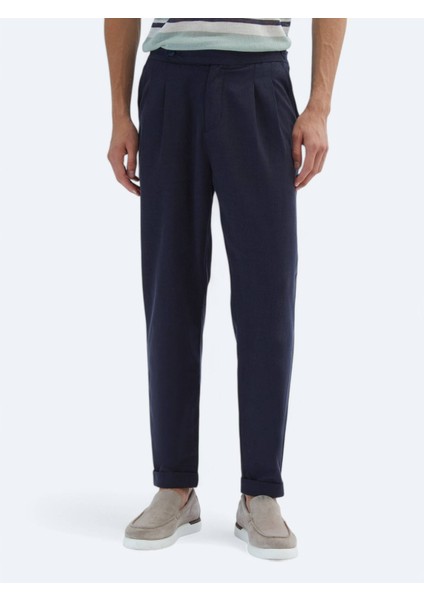 Lacivert Dokuma Carrot Fit Casual Pamuk Karışımlı Pantolon
