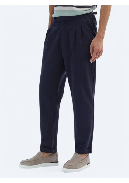 Lacivert Dokuma Carrot Fit Casual Pamuk Karışımlı Pantolon