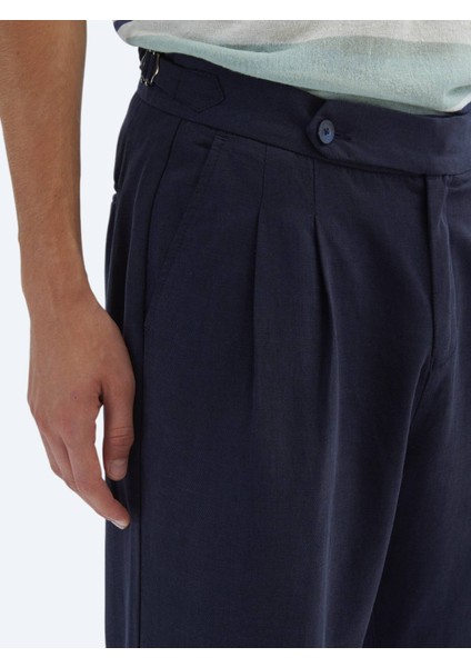 Lacivert Dokuma Carrot Fit Casual Pamuk Karışımlı Pantolon