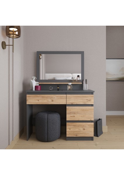 Vanity Makyaj Masası, 4 Çekmeceli, Aynalı, Raflı, Antrasit - Atlantik Çam