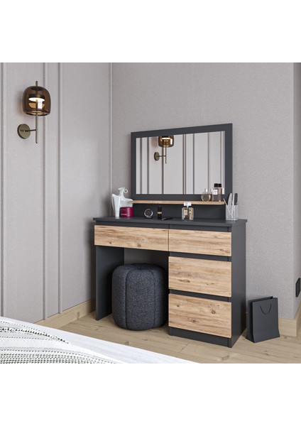 Vanity Makyaj Masası, 4 Çekmeceli, Aynalı, Raflı, Antrasit - Atlantik Çam fiyatları