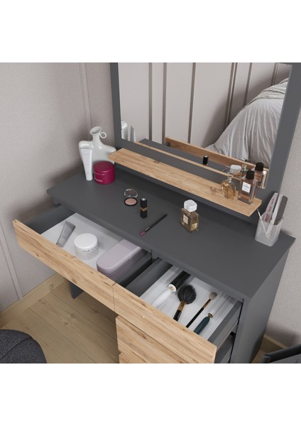 Vanity Makyaj Masası, 4 Çekmeceli, Aynalı, Raflı, Antrasit - Atlantik Çam modelleri