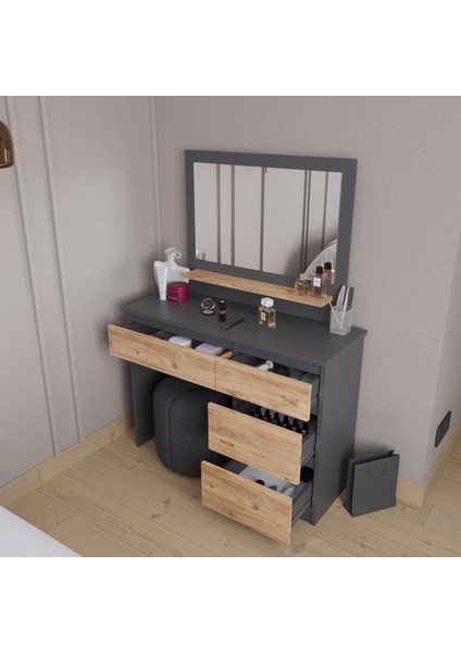 Vanity Makyaj Masası, 4 Çekmeceli, Aynalı, Raflı, Antrasit - Atlantik Çam fırsatları