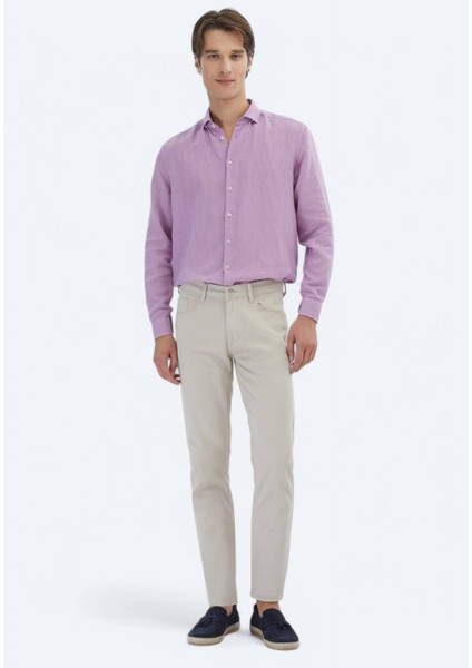 Bej Düz Dokuma Slim Fit Casual Pamuk Karışımlı Pantolon