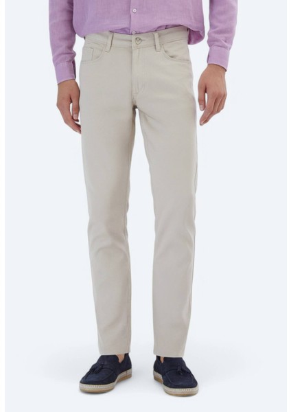 Bej Düz Dokuma Slim Fit Casual Pamuk Karışımlı Pantolon