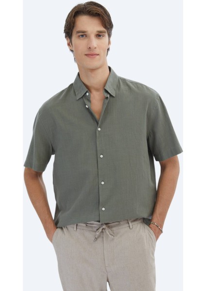 Haki Oversize Fit Dokuma Casual %100 Pamuk Gömlek