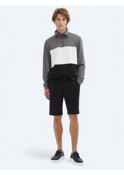 Siyah Düz Örme Jogging Fit Spor Bermuda